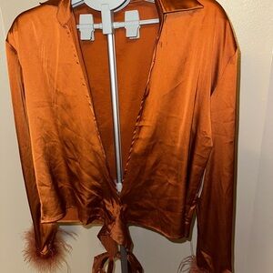 Her Name Is…Grace Satin Feather Cuff Blouse | Copper | NWT | Size S